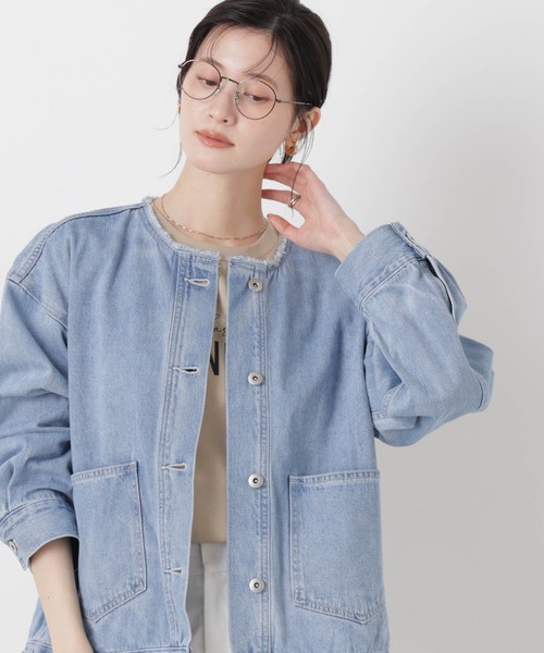 NANO universe（ナノユニバース）の「ノーカラーデニムジャケット（デニムジャケット・レディース・ライトブルー/ダークネイビー/ネイビー・FREE）」の4枚目の写真