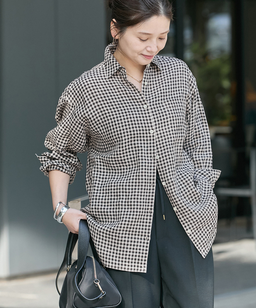 JOURNAL STANDARD（ジャーナルスタンダード）の「《追加2》ゼフィールリネン2WAYシャツ（シャツ/ブラウス・レディース・ブラウン系その他/ブラックミックス/イエロー・FREE）」の4枚目の写真