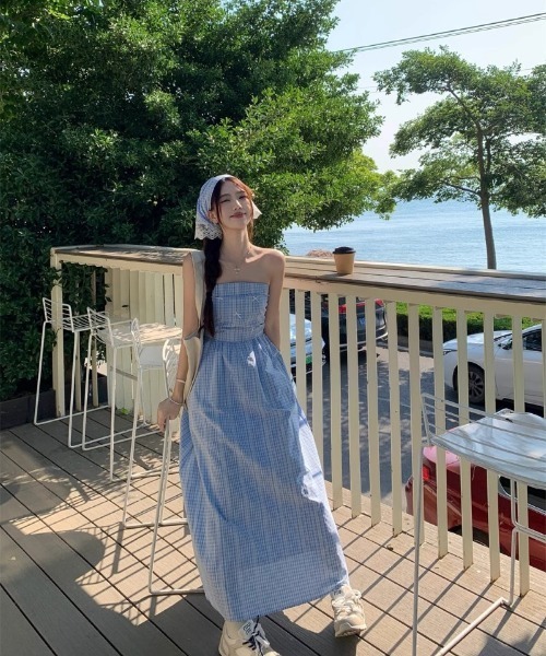 Ritzy(リッツィー)の「スカーフ付き ロング丈 チェック柄 ワンピース(ワンピース・レディース・ブルー・M/S/L)」の7枚目の写真