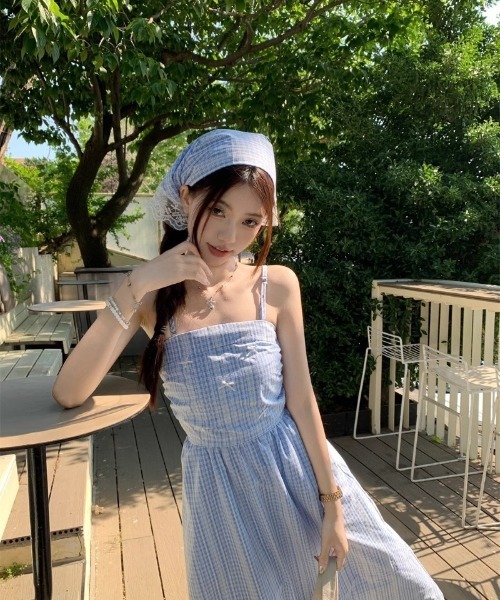 Ritzy(リッツィー)の「スカーフ付き ロング丈 チェック柄 ワンピース(ワンピース・レディース・ブルー・M/S/L)」の9枚目の写真
