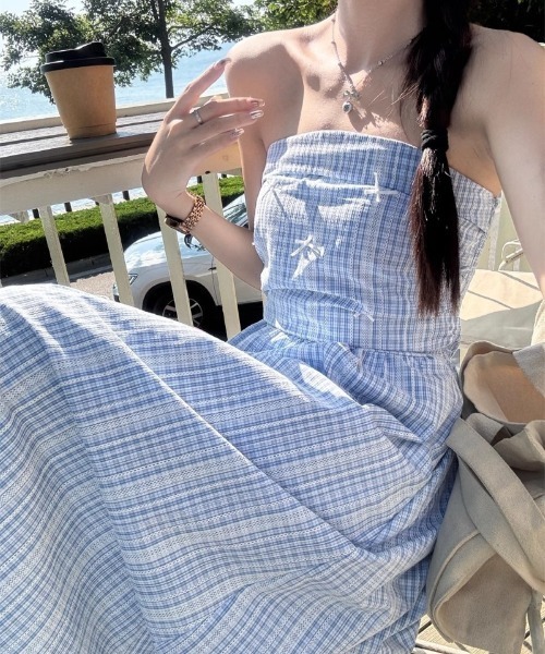 Ritzy(リッツィー)の「スカーフ付き ロング丈 チェック柄 ワンピース(ワンピース・レディース・ブルー・M/S/L)」の10枚目の写真