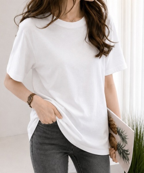 mielu(ミエル)の「半袖ベーシックTシャツ(Tシャツ/カットソー・レディース・ホワイト/ピンク/ブラック・LARGE/MEDIUM)」の2枚目の写真