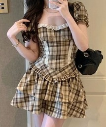 チェック ティアード フリル コルセットセットアップ
