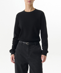 ウィメンズワッフルリラックスクルーネック長袖Tシャツ[ブラック]