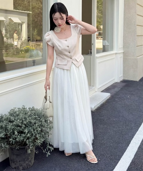 DRESS PLUS(ドレスプラス)の「パフスリーブジャケット スカートセットアップ(セットアップ・レディース・ピンク/アイボリー・M/L)」の5枚目の写真
