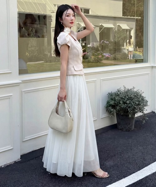 DRESS PLUS(ドレスプラス)の「パフスリーブジャケット スカートセットアップ(セットアップ・レディース・ピンク/アイボリー・M/L)」の7枚目の写真