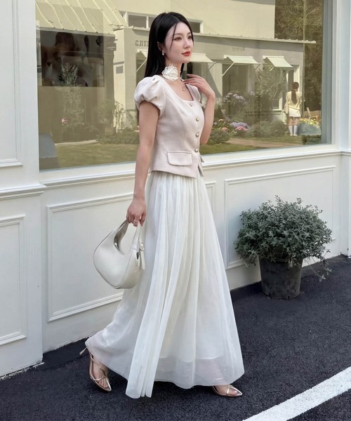 DRESS PLUS(ドレスプラス)の「パフスリーブジャケット スカートセットアップ(セットアップ・レディース・ピンク/アイボリー・M/L)」の8枚目の写真