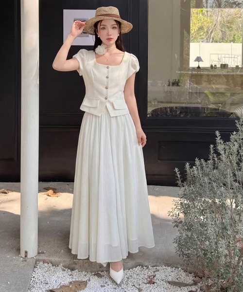 DRESS PLUS(ドレスプラス)の「パフスリーブジャケット スカートセットアップ(セットアップ・レディース・ピンク/アイボリー・M/L)」の9枚目の写真