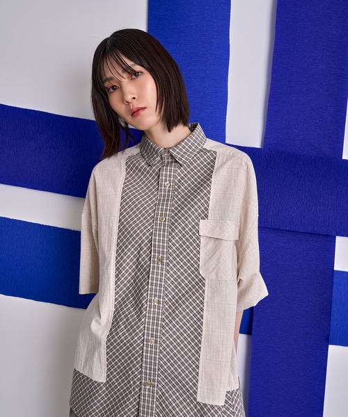 Nora Lily（ノラリリー）の「【Nora Lily】Crazy Pattern Check S/S Shirt（シャツ/ブラウス・メンズ・ダークグレー/アイボリー/グレー・FREE）」の2枚目の写真