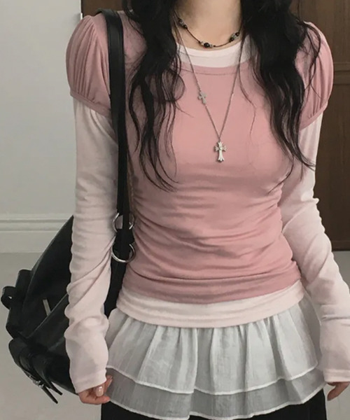 VIVID LADY（ビビッドレディー）の「ウエストシャーリング パフスリーブTシャツ 半袖（Tシャツ/カットソー・レディース・グレー/ピンク/ブラック/アイボリー/チャコールグレー・FREE）」の5枚目の写真