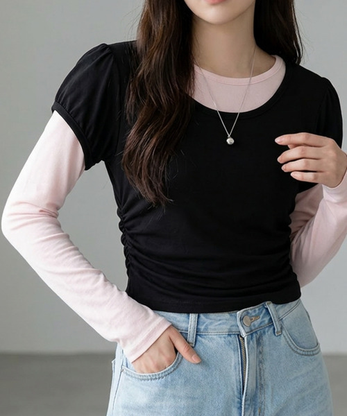 VIVID LADY（ビビッドレディー）の「ウエストシャーリング パフスリーブTシャツ 半袖（Tシャツ/カットソー・レディース・グレー/ピンク/ブラック/アイボリー/チャコールグレー・FREE）」の3枚目の写真