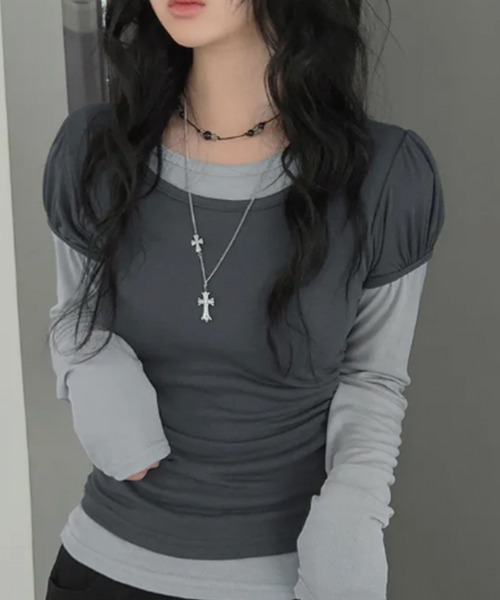 VIVID LADY（ビビッドレディー）の「ウエストシャーリング パフスリーブTシャツ 半袖（Tシャツ/カットソー・レディース・グレー/ピンク/ブラック/アイボリー/チャコールグレー・FREE）」の6枚目の写真