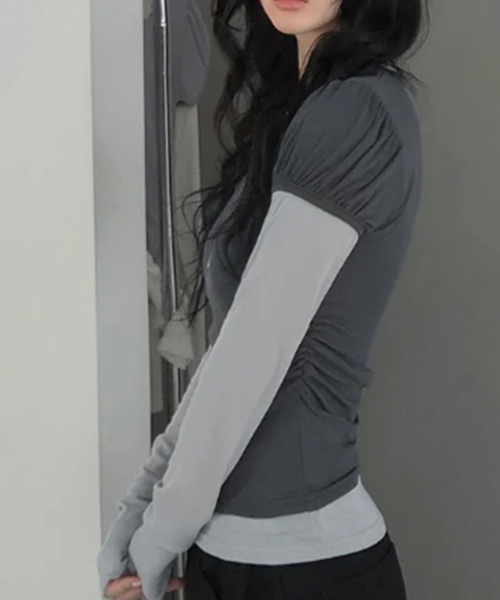 VIVID LADY（ビビッドレディー）の「ウエストシャーリング パフスリーブTシャツ 半袖（Tシャツ/カットソー・レディース・グレー/ピンク/ブラック/アイボリー/チャコールグレー・FREE）」の7枚目の写真