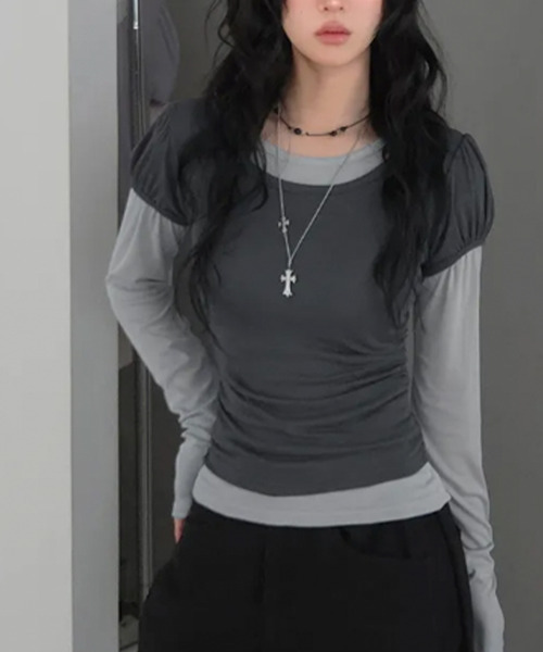 VIVID LADY（ビビッドレディー）の「ウエストシャーリング パフスリーブTシャツ 半袖（Tシャツ/カットソー・レディース・グレー/ピンク/ブラック/アイボリー/チャコールグレー・FREE）」の8枚目の写真