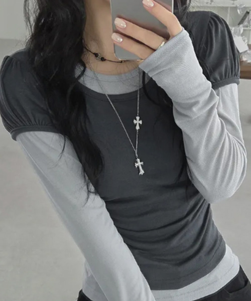 VIVID LADY（ビビッドレディー）の「ウエストシャーリング パフスリーブTシャツ 半袖（Tシャツ/カットソー・レディース・グレー/ピンク/ブラック/アイボリー/チャコールグレー・FREE）」の9枚目の写真