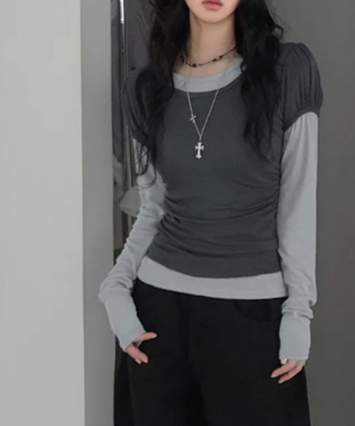 VIVID LADY（ビビッドレディー）の「ウエストシャーリング パフスリーブTシャツ 半袖（Tシャツ/カットソー・レディース・グレー/ピンク/ブラック/アイボリー/チャコールグレー・FREE）」の10枚目の写真