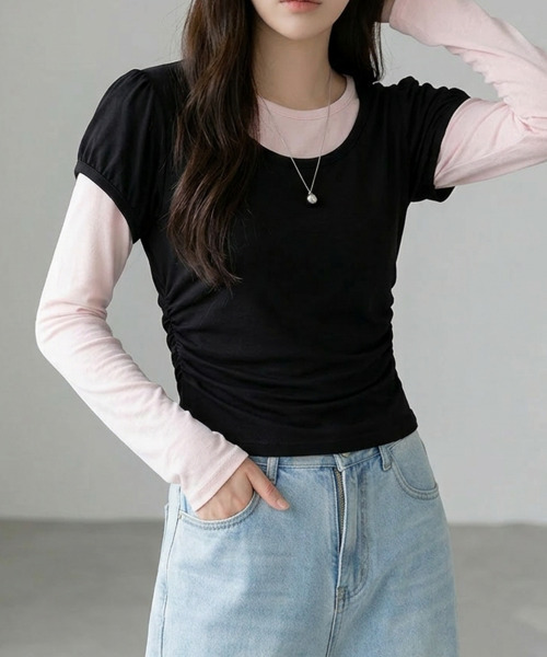 VIVID LADY（ビビッドレディー）の「ウエストシャーリング パフスリーブTシャツ 半袖（Tシャツ/カットソー・レディース・グレー/ピンク/ブラック/アイボリー/チャコールグレー・FREE）」の12枚目の写真