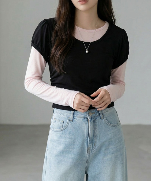VIVID LADY（ビビッドレディー）の「ウエストシャーリング パフスリーブTシャツ 半袖（Tシャツ/カットソー・レディース・グレー/ピンク/ブラック/アイボリー/チャコールグレー・FREE）」の13枚目の写真