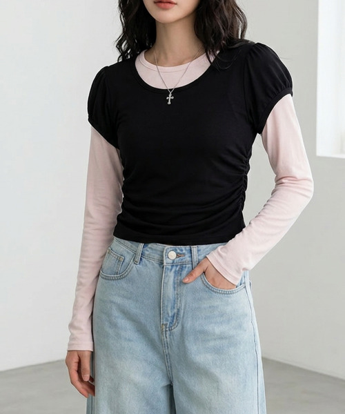 VIVID LADY（ビビッドレディー）の「ウエストシャーリング パフスリーブTシャツ 半袖（Tシャツ/カットソー・レディース・グレー/ピンク/ブラック/アイボリー/チャコールグレー・FREE）」の14枚目の写真