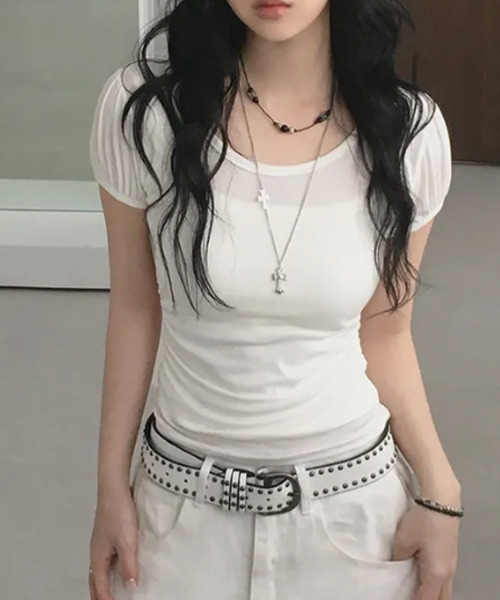 VIVID LADY（ビビッドレディー）の「ウエストシャーリング パフスリーブTシャツ 半袖（Tシャツ/カットソー・レディース・グレー/ピンク/ブラック/アイボリー/チャコールグレー・FREE）」の17枚目の写真