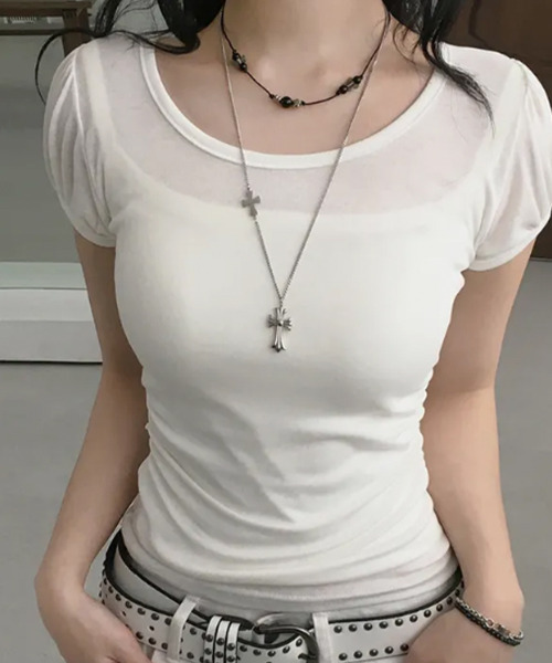 VIVID LADY（ビビッドレディー）の「ウエストシャーリング パフスリーブTシャツ 半袖（Tシャツ/カットソー・レディース・グレー/ピンク/ブラック/アイボリー/チャコールグレー・FREE）」の19枚目の写真