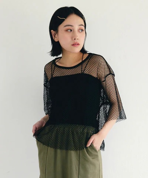 merrylatte(メリーラテ)の「メッシュTシャツ【IROHANI】(Tシャツ/カットソー・レディース・ブラック・FREE)」の1枚目の写真