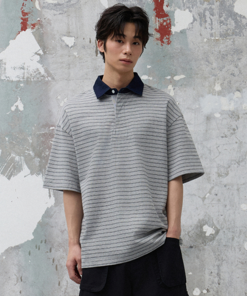 AGOD（エージーオーディー）の「コントラストデニムカラー ストライプハーフTシャツ [グレー]（ポロシャツ・レディース・その他・SMALL/MEDIUM/LARGE）」の2枚目の写真