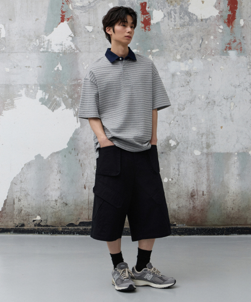 AGOD（エージーオーディー）の「コントラストデニムカラー ストライプハーフTシャツ [グレー]（ポロシャツ・レディース・その他・SMALL/MEDIUM/LARGE）」の3枚目の写真
