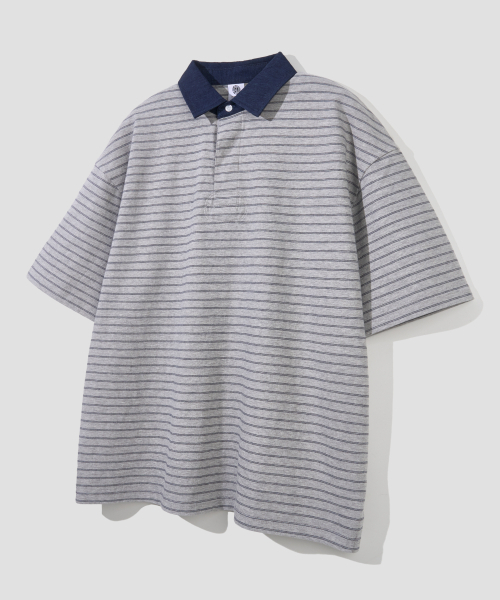 AGOD（エージーオーディー）の「コントラストデニムカラー ストライプハーフTシャツ [グレー]（ポロシャツ・レディース・その他・SMALL/MEDIUM/LARGE）」の4枚目の写真