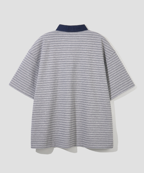 AGOD（エージーオーディー）の「コントラストデニムカラー ストライプハーフTシャツ [グレー]（ポロシャツ・レディース・その他・SMALL/MEDIUM/LARGE）」の5枚目の写真