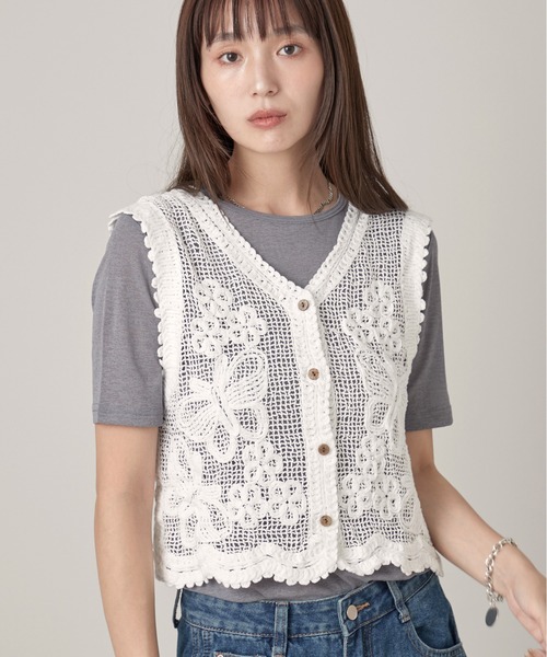 OFROOM(オフルーム)の「Crochet Open Front Vest|クロシェオープンフロントベスト(ベスト・レディース・ベージュ/ホワイト・FREE)」の3枚目の写真