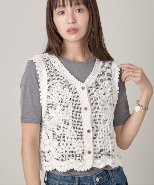OFROOM(オフルーム)の「Crochet Open Front Vest|クロシェオープンフロントベスト(ベスト・レディース・ベージュ/ホワイト・FREE)」の4枚目の写真