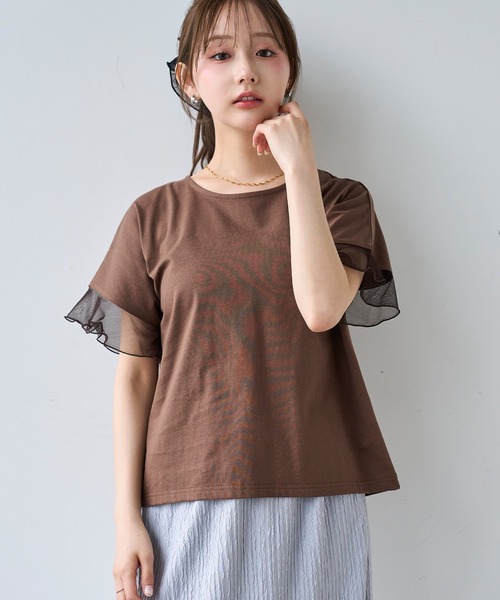 mil(ミル)の「袖シアー フリル 半袖 Tシャツ 【587217】(Tシャツ/カットソー・レディース・オフホワイト/ブラック/ブラウン・S/XS)」の3枚目の写真