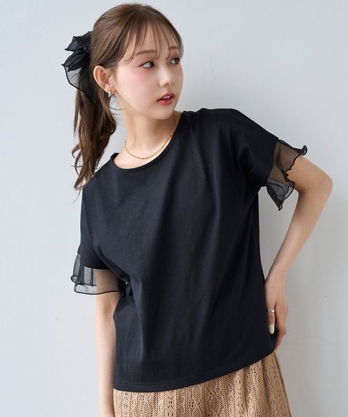 mil(ミル)の「袖シアー フリル 半袖 Tシャツ 【587217】(Tシャツ/カットソー・レディース・オフホワイト/ブラック/ブラウン・S/XS)」の2枚目の写真