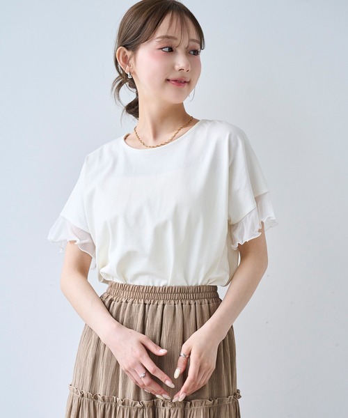 mil(ミル)の「袖シアー フリル 半袖 Tシャツ 【587217】(Tシャツ/カットソー・レディース・オフホワイト/ブラック/ブラウン・S/XS)」の12枚目の写真