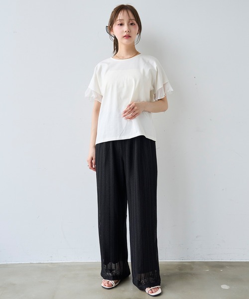 mil(ミル)の「袖シアー フリル 半袖 Tシャツ 【587217】(Tシャツ/カットソー・レディース・オフホワイト/ブラック/ブラウン・S/XS)」の5枚目の写真