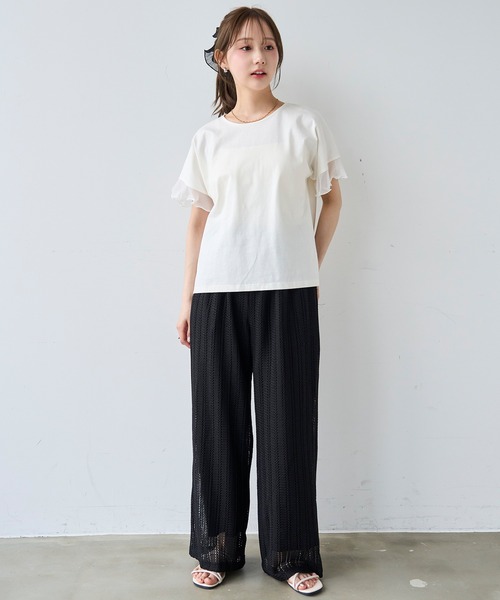 mil(ミル)の「袖シアー フリル 半袖 Tシャツ 【587217】(Tシャツ/カットソー・レディース・オフホワイト/ブラック/ブラウン・S/XS)」の9枚目の写真