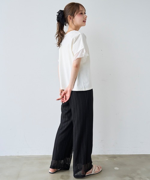 mil(ミル)の「袖シアー フリル 半袖 Tシャツ 【587217】(Tシャツ/カットソー・レディース・オフホワイト/ブラック/ブラウン・S/XS)」の8枚目の写真