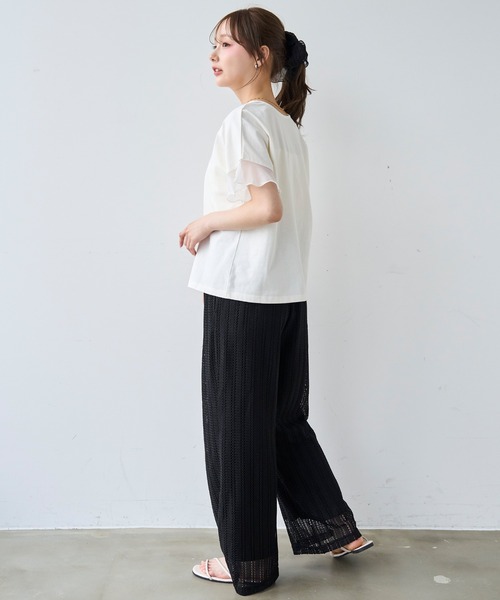 mil(ミル)の「袖シアー フリル 半袖 Tシャツ 【587217】(Tシャツ/カットソー・レディース・オフホワイト/ブラック/ブラウン・S/XS)」の6枚目の写真