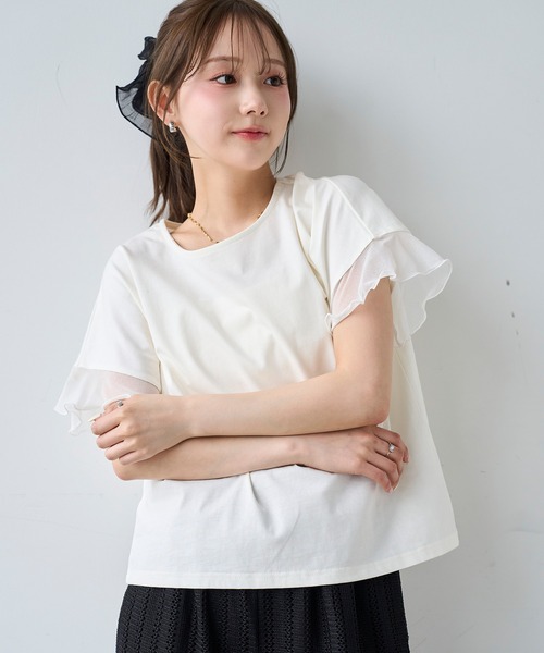 mil(ミル)の「袖シアー フリル 半袖 Tシャツ 【587217】(Tシャツ/カットソー・レディース・オフホワイト/ブラック/ブラウン・S/XS)」の10枚目の写真