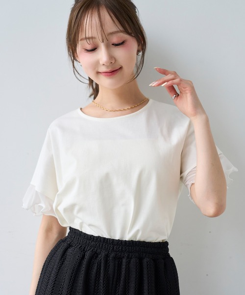 mil(ミル)の「袖シアー フリル 半袖 Tシャツ 【587217】(Tシャツ/カットソー・レディース・オフホワイト/ブラック/ブラウン・S/XS)」の4枚目の写真