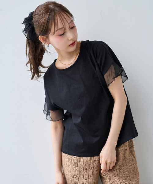mil(ミル)の「袖シアー フリル 半袖 Tシャツ 【587217】(Tシャツ/カットソー・レディース・オフホワイト/ブラック/ブラウン・S/XS)」の13枚目の写真