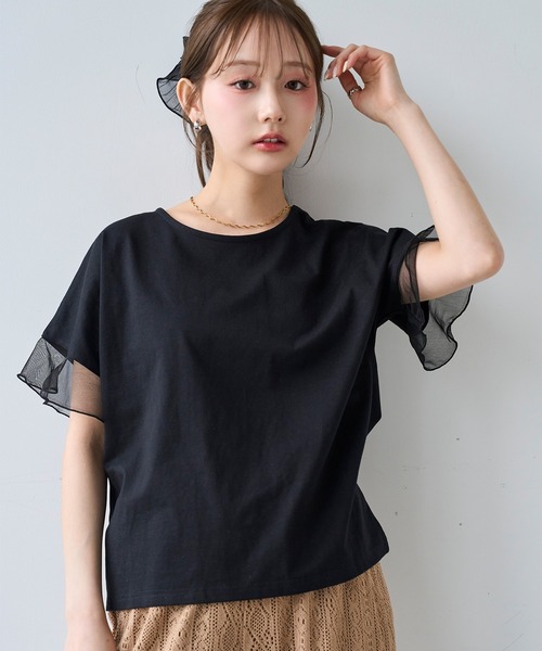 mil(ミル)の「袖シアー フリル 半袖 Tシャツ 【587217】(Tシャツ/カットソー・レディース・オフホワイト/ブラック/ブラウン・S/XS)」の18枚目の写真
