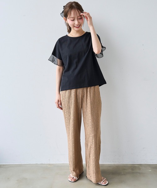 mil(ミル)の「袖シアー フリル 半袖 Tシャツ 【587217】(Tシャツ/カットソー・レディース・オフホワイト/ブラック/ブラウン・S/XS)」の14枚目の写真
