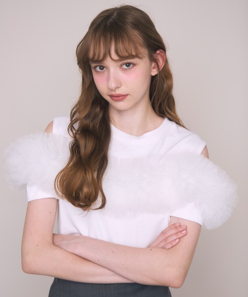 Noelie(ノエリー)の「チュールギャザーTee(Tシャツ/カットソー・レディース・ホワイト/ブラック・FREE)」の3枚目の写真