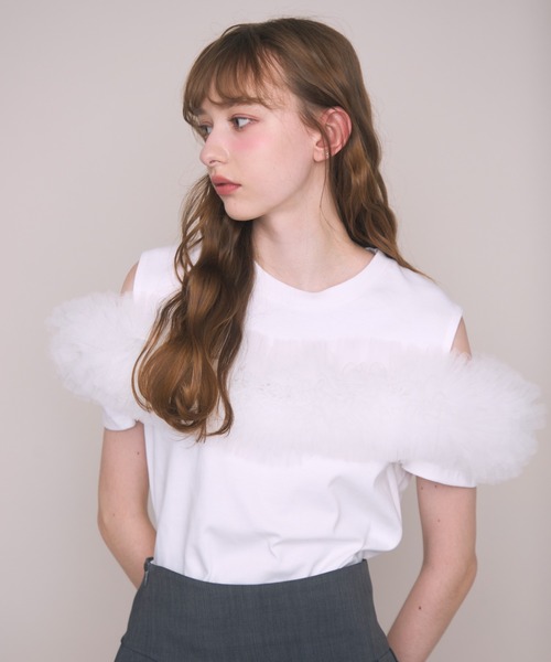 Noelie(ノエリー)の「チュールギャザーTee(Tシャツ/カットソー・レディース・ホワイト/ブラック・FREE)」の4枚目の写真