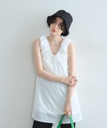 刺繍ギャザーノースリチュニックワンピース