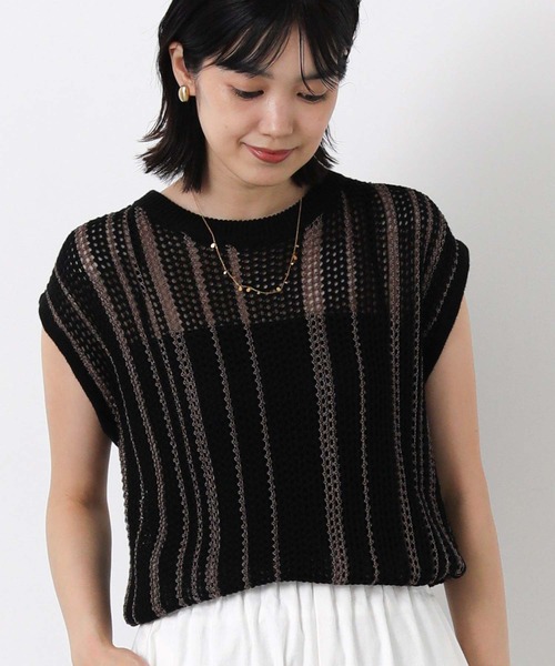 Gready Brilliant(グレディブリリアン)の「ペーパーヤーンストライプフレンチニット(ニット/セーター・レディース・ブラック系/ホワイト×ブラック・38)」の4枚目の写真