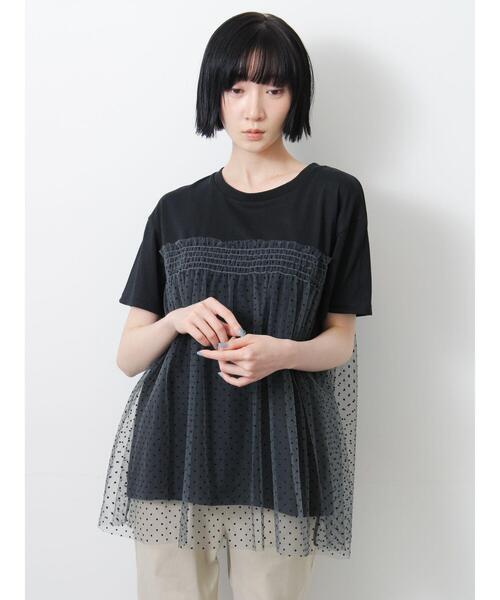 Samansa Mos2(サマンサ モスモス)の「◇【接触冷感/UVカット】ドットチュールドッキングTシャツ(Tシャツ/カットソー・レディース・オフホワイト/ブラック/チャコールグレー/シルバーグレー・F)」の2枚目の写真