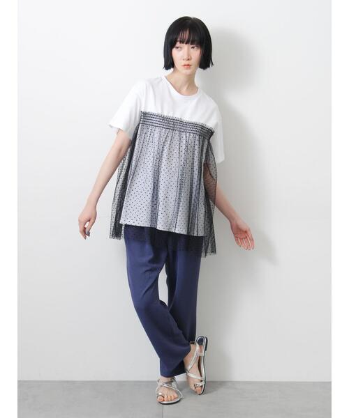 Samansa Mos2(サマンサ モスモス)の「◇【接触冷感/UVカット】ドットチュールドッキングTシャツ(Tシャツ/カットソー・レディース・オフホワイト/ブラック/チャコールグレー/シルバーグレー・F)」の6枚目の写真